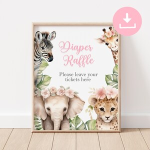 Diaper Raffle Sign, SAFARI Diaper Raffle Sign PRINTABLE, Baby Shower Diaper Raffle Sign, Baby GIRL floral Safari Sign, Baby Shower Game Sign