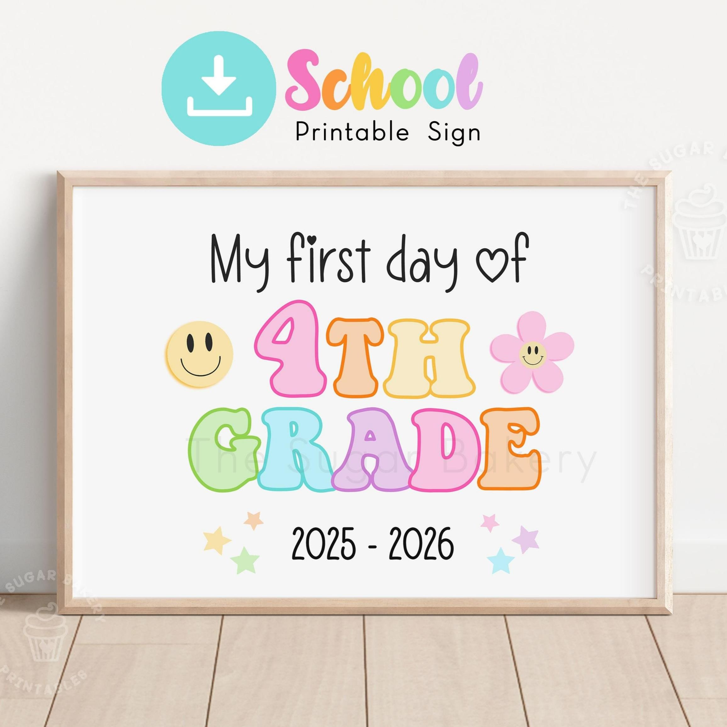 First Day of 4th GRADE Sign, RETRO 4th Grade Printable sign, 1st day of fourth grade, Chalkboard Pastel Rainbow Back to school sign CRAY103