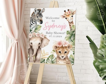 Jungle Baby Shower Welcome Sign printable Girl SAFARI Pink Flowers Animal Custom personalized Baby Shower Editable Baby Shower WELCOME Sign