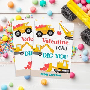 Cartões de construção EDITÁVEIS para namorados, etiquetas I DIG YOU, cartões para meninos, caminhões basculantes, guindastes, escavadeiras, modelos Canva para crianças em idade escolar, dia dos namorados em sala de aula