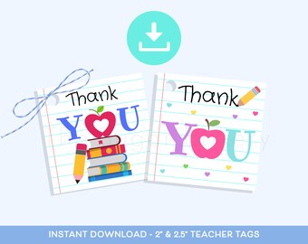 May include: Two square teacher tags with the words "Thank You" in a playful font. One tag features a stack of books and a pencil, the other has a pencil and hearts. The tags are on lined paper with a blue string.