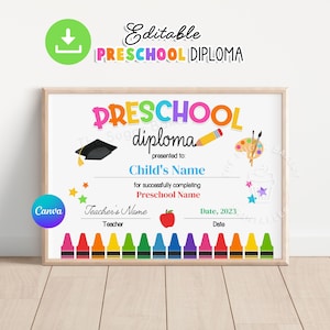 Editable Preschool Diploma, Preschool Graduation Diploma, PRESCHOOL Graduation Certificate, Preschool Diploma Template, Preschool diploma