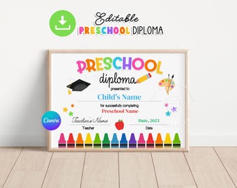 Bearbeitbares Vorschuldiplom, Vorschul-Abschlussdiplom, PRESCHOOL-Abschlusszertifikat, Vorschuldiplom-Vorlage, Vorschuldiplom
