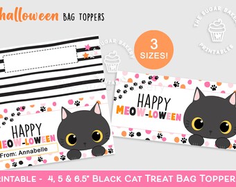 Happy MEOW-LOWEEN Halloween Bag TOPPER, 4" 5" 6.5" goodie bag for kids, Halloween cookie Bag topper, Black Cat Classroom treat bag topper