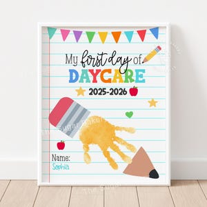 First Day of Daycare Handprint Craft Printable 2025 Back to School Keepsake DIY Memory Activity Teacher Classroom Daycare Handprint Art Card