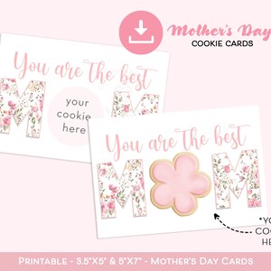 K&ouml;nnte beinhalten: Zwei druckbare Muttertags-Kekskarten mit Blumendesigns. Die Karten sagen "Du bist die beste Mama" und haben einen Platz f&uuml;r einen Keks.