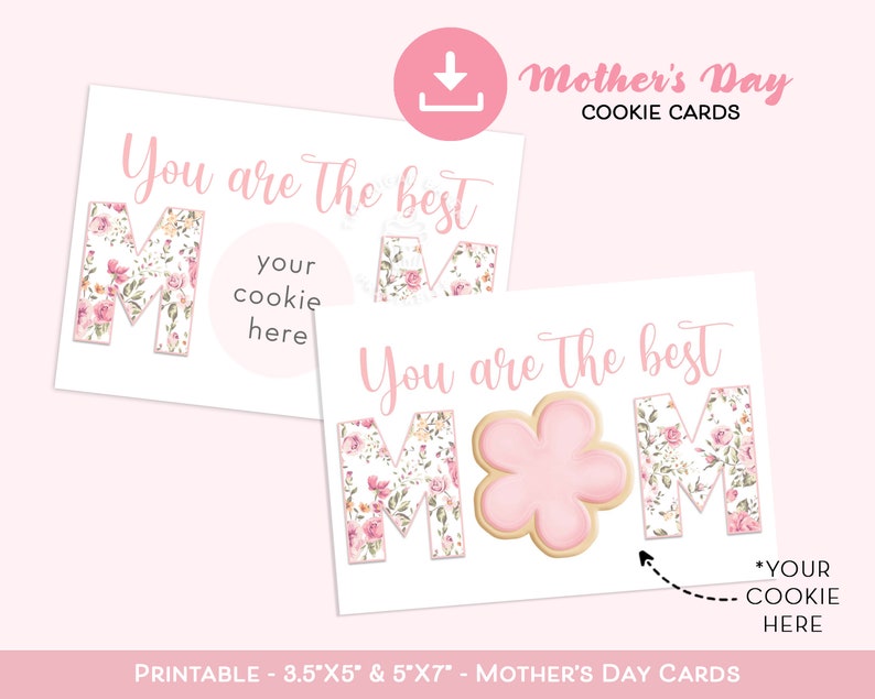 K&ouml;nnte beinhalten: Zwei druckbare Muttertags-Kekskarten mit Blumendesigns. Die Karten sagen "Du bist die beste Mama" und haben einen Platz f&uuml;r einen Keks.