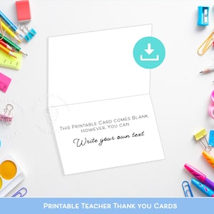 Op de afbeelding: Printbare bedankkaart voor leerkrachten met een downloadpictogram en de tekst "Deze printbare kaart is blanco. U kunt echter uw eigen tekst schrijven."