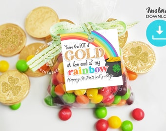 May include: A clear plastic bag filled with colorful candy, tied with a green ribbon and a tag that reads "You're the POT of GOLD at the end of my rainbow Happy St. Patrick's day".