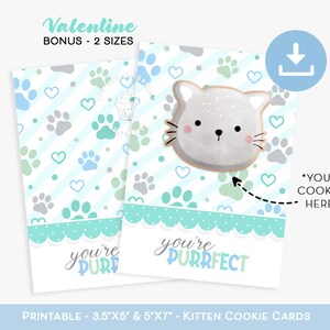 You&#39;re PURRFECT Kitty Valentine Cookie Card, Printable Mini 3.5x5 and 5&quot;x7&quot; Cat Cookie Card, Happy Valentine&#39;s Day Cookie Card, Cat cookies