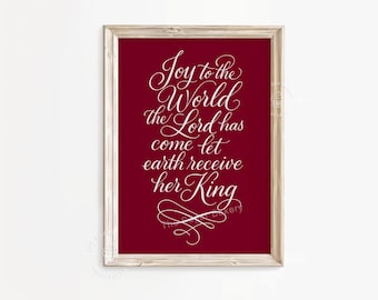 Freude der Welt Christliche Wandkunst zum Ausdrucken, Weihnachtsschrift-Lieddruck, Bibel-Vers-Rot-Dekor, religiöser Feiertags-Kunst-Digital-Download