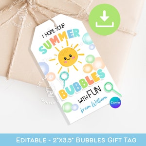 Etiqueta de regalo de burbujas de fin de año escolar, etiquetas de verano editables, espero que tus burbujas de verano sean divertidas, regalos de fin de año escolar para estudiantes niño