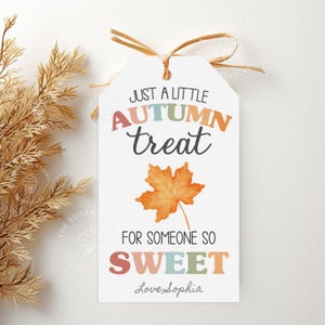 Afdrukbaar herfstcadeaukaartje Een kleine traktatie voor een lief cadeaukaartje herfstcadeau pompoenblad herfst herfst Thanksgiving traktatie leraar tag
