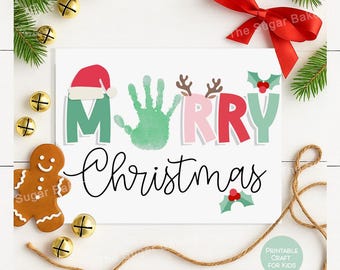 Christmas Handprint Craft Printable, Kids Colorful Reindeer Handprint Keepsake, Santa Hat Classroom Christmas Toddler Activity Preschool Art