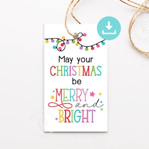 Merry & Bright Weihnachtsgeschenkanhänger, Weihnachtsplätzchenanhänger, Bunter Weihnachtsgeschenkanhänger, druckbare frohe Weihnachten Geschenkanhänger, personalisierte Tags