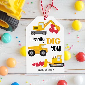 Afdrukbare constructie Valentine-tags, I DIG YOU Valentine-tags kiepwagen, graafmachine, kraan en bulldozer Klaslokaal gunsten vrachtwagens voor jongens