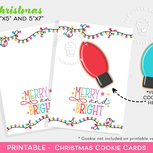 Merry & Bright Christmas Cookie Card, Christmas Lights Cookie Card, Mini 5x7 Christmas Card, Printable Merry Christmas Cookie Card Download