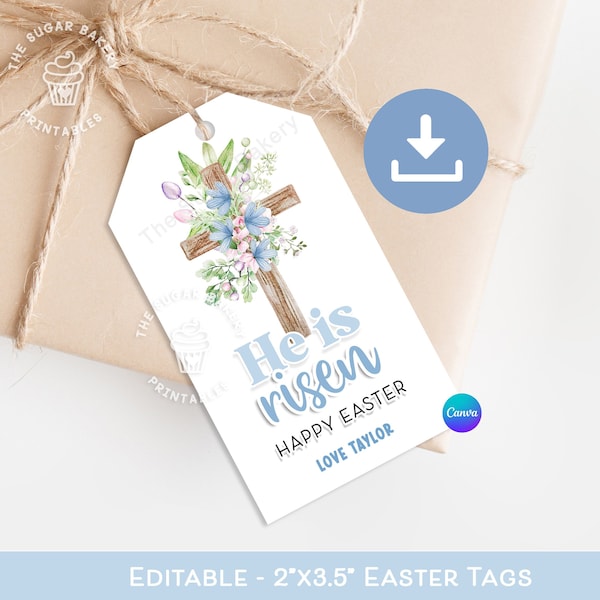 He is Risen EASTER TAG, Editable Easter Gift Tags, Floral Cross Easter tag, Jesus Christian Easter gift tag, Sunday School Teacher gift kids