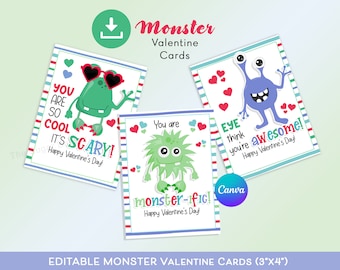 Printable MONSTER Valentine Cards, EDITABLE Monster Valentines, Classroom Party School Valentine's Day Cards for Kids Cute Monster Cards Boy