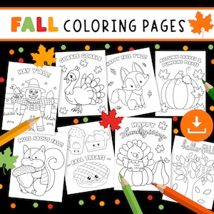 Fall Coloring Pages, PRINTABLE Autumn Coloring Pages for kids bundle Fall Preschool Craft Scarecrow Pumpkin Thanksgiving Leaves Turkey art