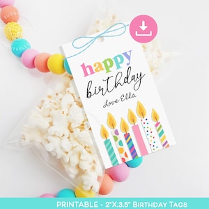 May include: Printable birthday gift tags with a colorful candle design. The tag says "happy birthday" with a space for a name and the text "love Ella".