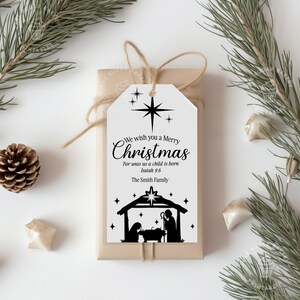 Étiquette-cadeau imprimable crèche de Noël, pour nous un enfant est né Joyeux Noël étiquettes-cadeaux chrétiennes religieuses Jésus étiquettes-cadeaux MODIFIABLES