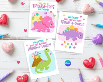 Printable DINOSAUR Valentine Cards, Dinosaur Valentine EDITABLE Classroom Valentine Exchange DINO Cards for Kids girls Dino Valentine Cards