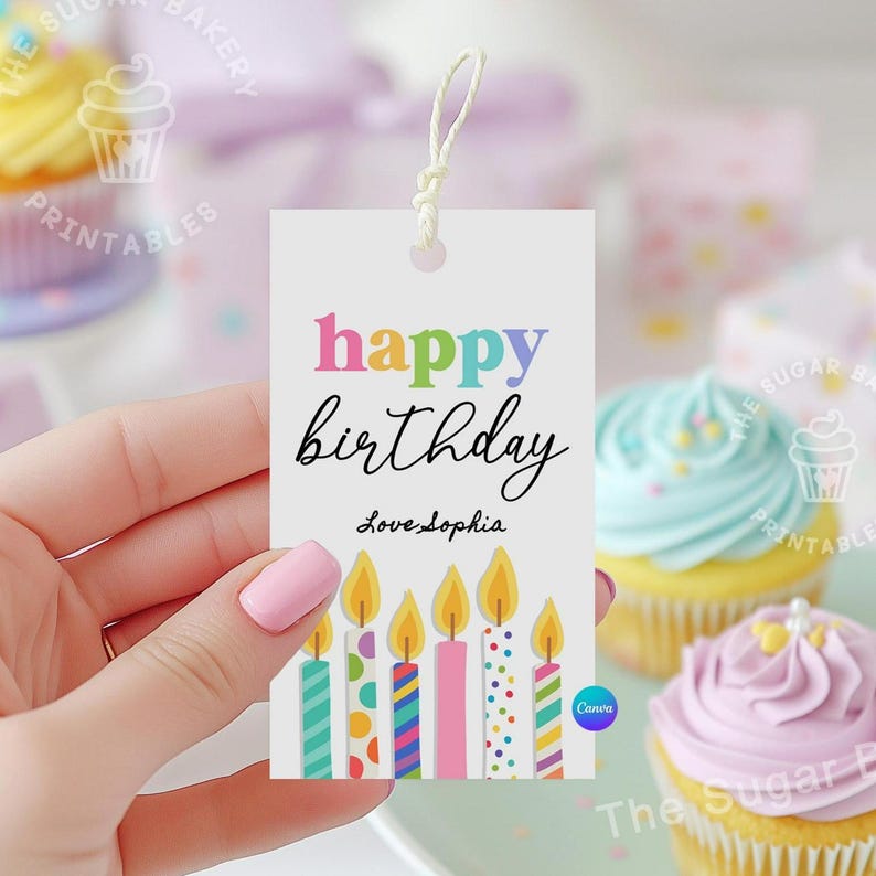 Printable Happy Birthday Tags, Birthday Gift Tag for Friend Wife Mom Sister Aunt Teacher Coworker Staff rainbow colorful candles Digital tag image 2