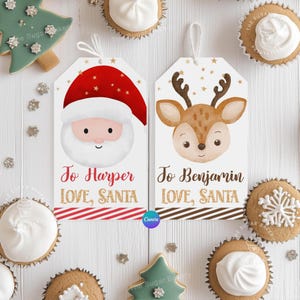 Printable Christmas Gift Tags for kids, Santa and Reindeer EDITABLE tags, Santa gift tag, Personalized Christmas Name tags labels for kids