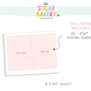 Op de afbeelding: Een wit vel met twee roze digitale kaarten van 12,7 x 17,8 cm. Het logo van The Sugar Bakery Co. staat bovenaan, met tekst die aangeeft dat de aanbieding twee digitale kaarten bevat en het vel 21,6 x 27,9 cm groot is.