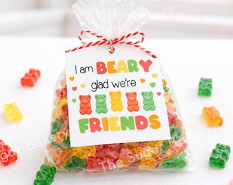 Etichetta regalo stampabile con orsetti gommosi per San Valentino, Sono contento che siamo amici, Etichetta per sacchetti di caramelle, San Valentino in classe, Etichetta per San Valentino per bambini