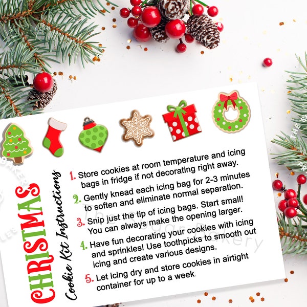 Printable CHRISTMAS DIY COOKIE Kit Instructions, 3.5x5" and 5x7" cards, Christmas Diy Cookie Kit Instructions, Decorate Your Own Cookie Card