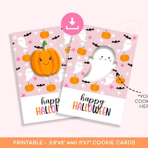 Fröhliche Halloween-Kekskarte, 3,5 x 5 Mini-Kekskarte, 5 x 7 Kekskarte, Pink Kürbis-Geist-Fledermaus-Kekskarte, druckbare Halloween-Kekskarte