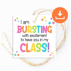 BURSTING with excitement candy bag tag, Happy First Day of school treat tag, Heart burst First Day school sweet treat tag for student star