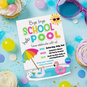 Invito stampabile per la festa in piscina di fine scuola, biglietto di arrivederci alla scuola, ultimo giorno di scuola, barbecue in giardino, festa in piscina