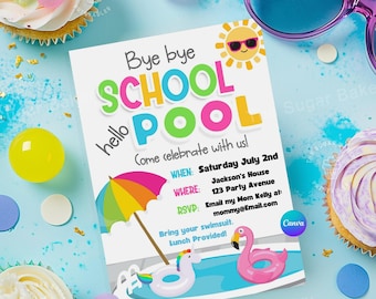 EDITABLE End of School Pool Party Invitation Printable Bye Bye School Hello Pool Card Last Day School Backyard BBQ Celebration Pool Party