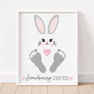 Ostern Fußabdruck Kunst, Somebunny liebt dich Fußabdruck Kunst Osterhasenohren grau Andenken Handwerk Kleinkind Mädchen Vorschule Handwerk DIY Kunst DRUCKBAR