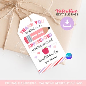 Printable Teacher Valentine Gift Tag, Teacher Appreciation TAG, Valentine TEACHER Gift, Thank you teacher tag, Happy Valentine's Day Teacher