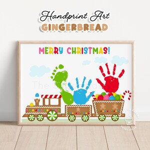 Kerst handafdruk knutselen voor kinderen peuters peperkoek trein kleuterschool knutselen kerst afdrukbare voetafdruk handafdruk kunst knutselen aandenken