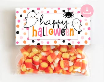 Happy Halloween Treat Bag Toppers, Pink and Orange Halloween Party Favor Tags, Cute Printable Candy Bag Topper, Classroom Trick or Treat tag