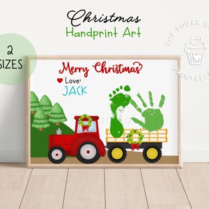 Handabdruck Kunst Handwerk für Weihnachten, Traktor Bauernhof druckbare Weihnachtsbaum Treee Handabdruck Kunst, Fußabdruck Andenken Geschenk, Frohe Weihnachten Wandkunst