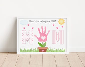 Printable Mothers Day Handprint Craft for Mom Mothers Day Flower Handprint Art Preschool Craft for Kids Helping me Grow Mom gift Handprint