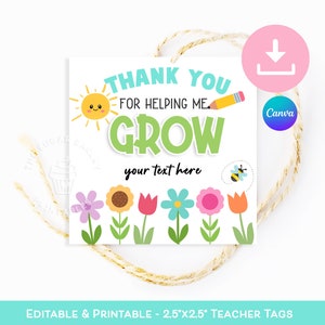 Gracias por ayudarme a CRECER, Etiqueta de regalo de agradecimiento para maestros, Etiqueta de regalo de flor suculenta de cactus y FLORACIÓN, Etiqueta de regalo de fin de año para maestros