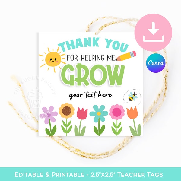 Thank you for helping me GROW, Teacher Appreciation Gift Tag, Cactus Plant Succulent BLOOM Flower Gift Tag, End of the Year Teacher Gift Tag