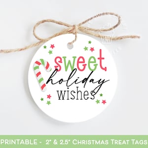 SWEET Urlaub wünscht Keksanhänger, Candy Cane Keksanhänger, druckbarer Weihnachtsgeschenkanhänger, Weihnachtsbehandelter Anhänger, süßer Leckerbissen Runder Keksanhänger