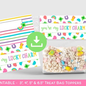 May include: Printable treat bag toppers featuring a rainbow, shamrock, and horseshoe design. The toppers say "you're my lucky charm".