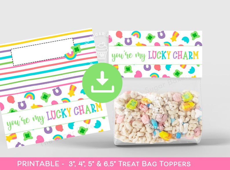 May include: Printable treat bag toppers featuring a rainbow, shamrock, and horseshoe design. The toppers say "you're my lucky charm".