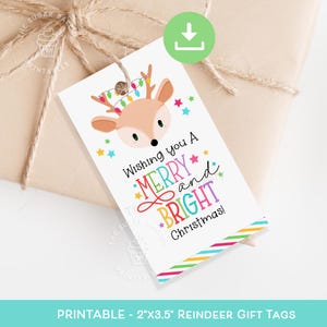 Druckbare Rentier Geschenkanhänger, fröhliche und helle Rentier Weihnachten Tag, Rentier Geschenkanhänger, Klassenzimmer Geschenkanhänger, druckbare Sofort Download