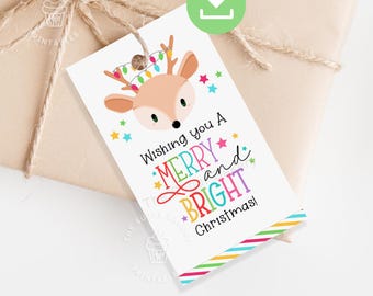 Etichetta regalo renna stampabile, etichetta natalizia renna allegra e luminosa, etichetta regalo renna, etichetta bomboniera per la classe, download istantaneo stampabile