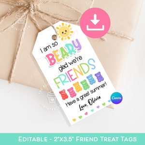 Etichetta per dolcetto dell'ultimo giorno di scuola, etichetta modificabile con orsetto gommoso "BEARY glad we're FRIENDS", regalo di fine anno scolastico, dolcetto per la classe dell'asilo nido